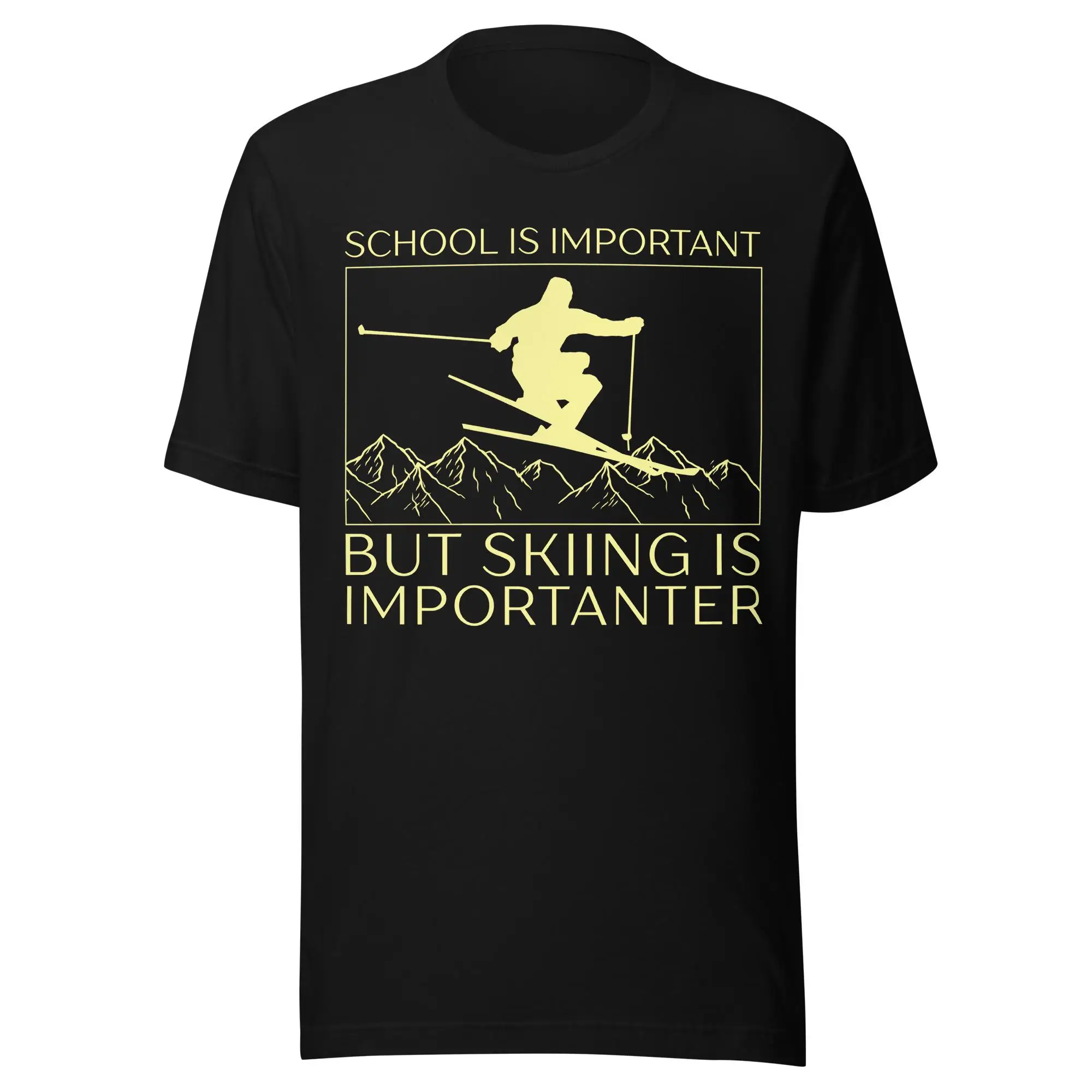 Leisure Outdoor Bella Canvas Men's and Women's Ski Jacket and T-shirt. School Is Important, But Skiing Is Even More Important.