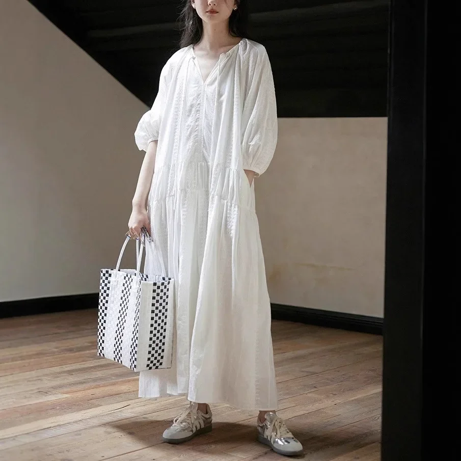 

Новое летнее женское длинное платье во французском праздничном стиле на шнуровке, простые однотонные женские свободные платья