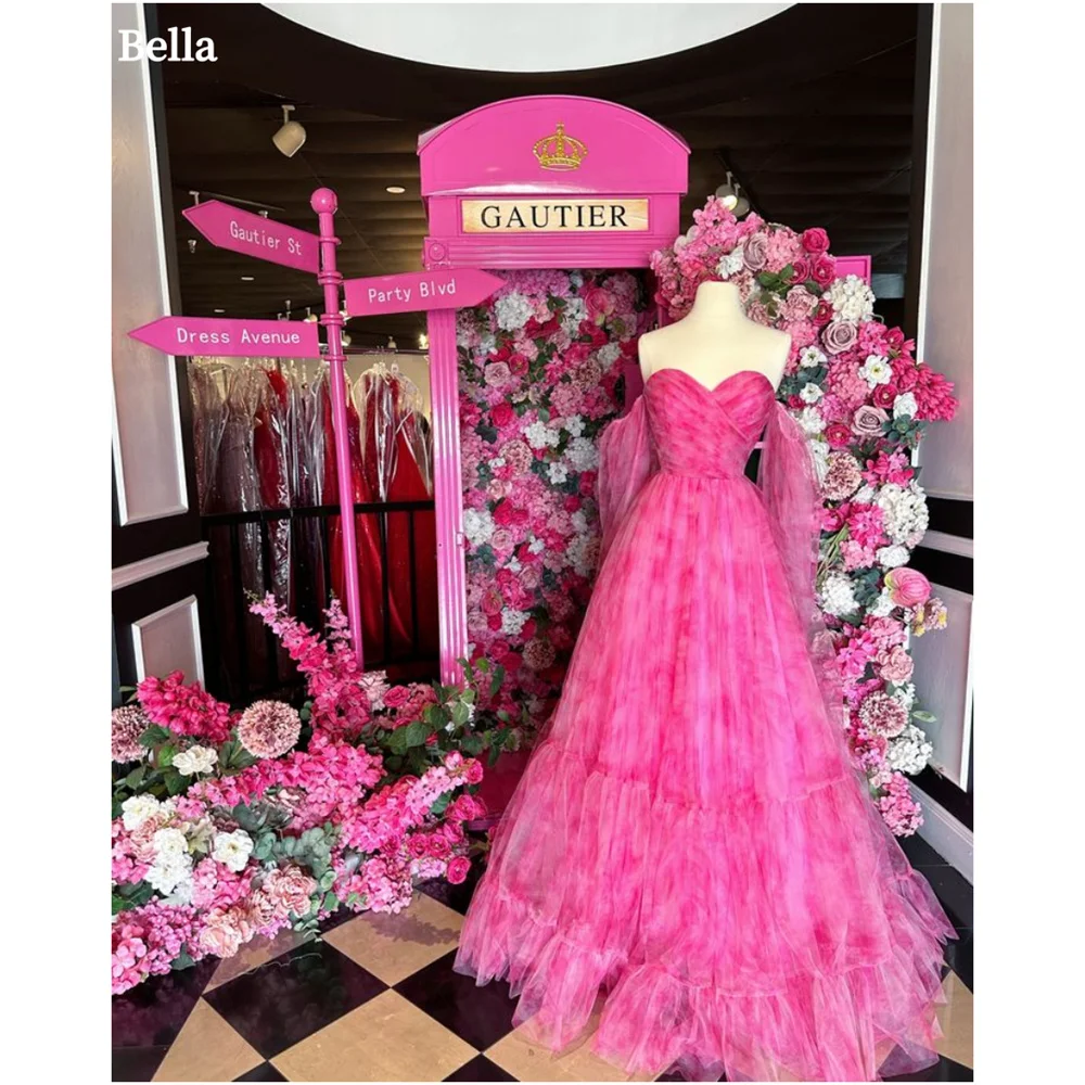 Bella Pink Sweet Strapless Prom Dresses Tulle A-line Long Sleeve Evening Dress Heart Neckline Floor-Lengt vestidos de fiesta2024