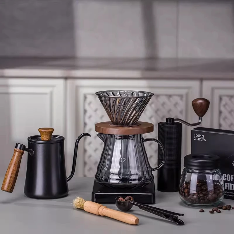 Hand brewed coffee pot set, hand cranked coffee grinder, full set of filter cups