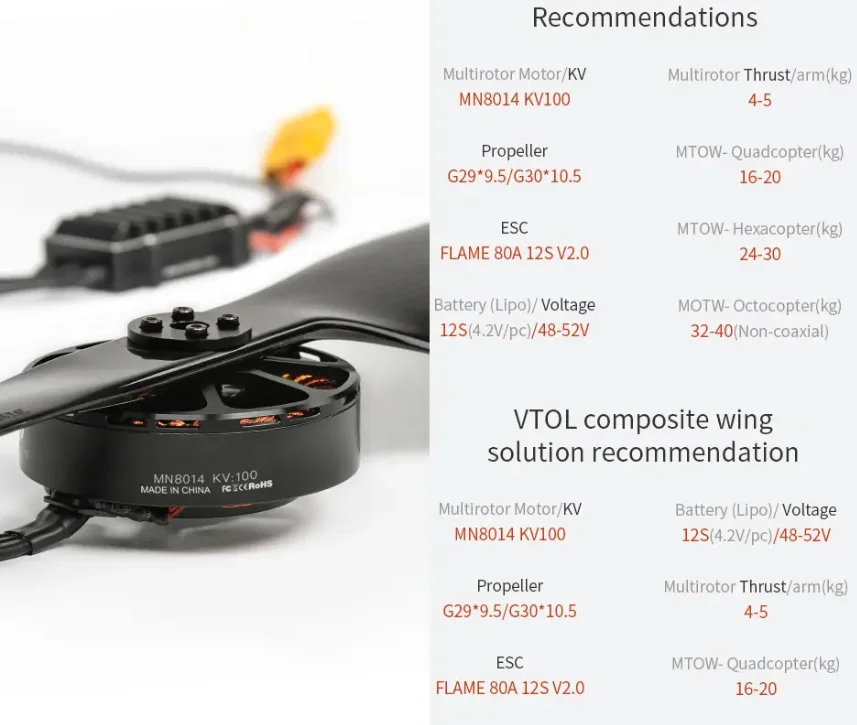 T-MOTOR MN8014 KV100 High Precision Electric Dc 12S 2423W 10kg 20KG Multirotor Drone Motor