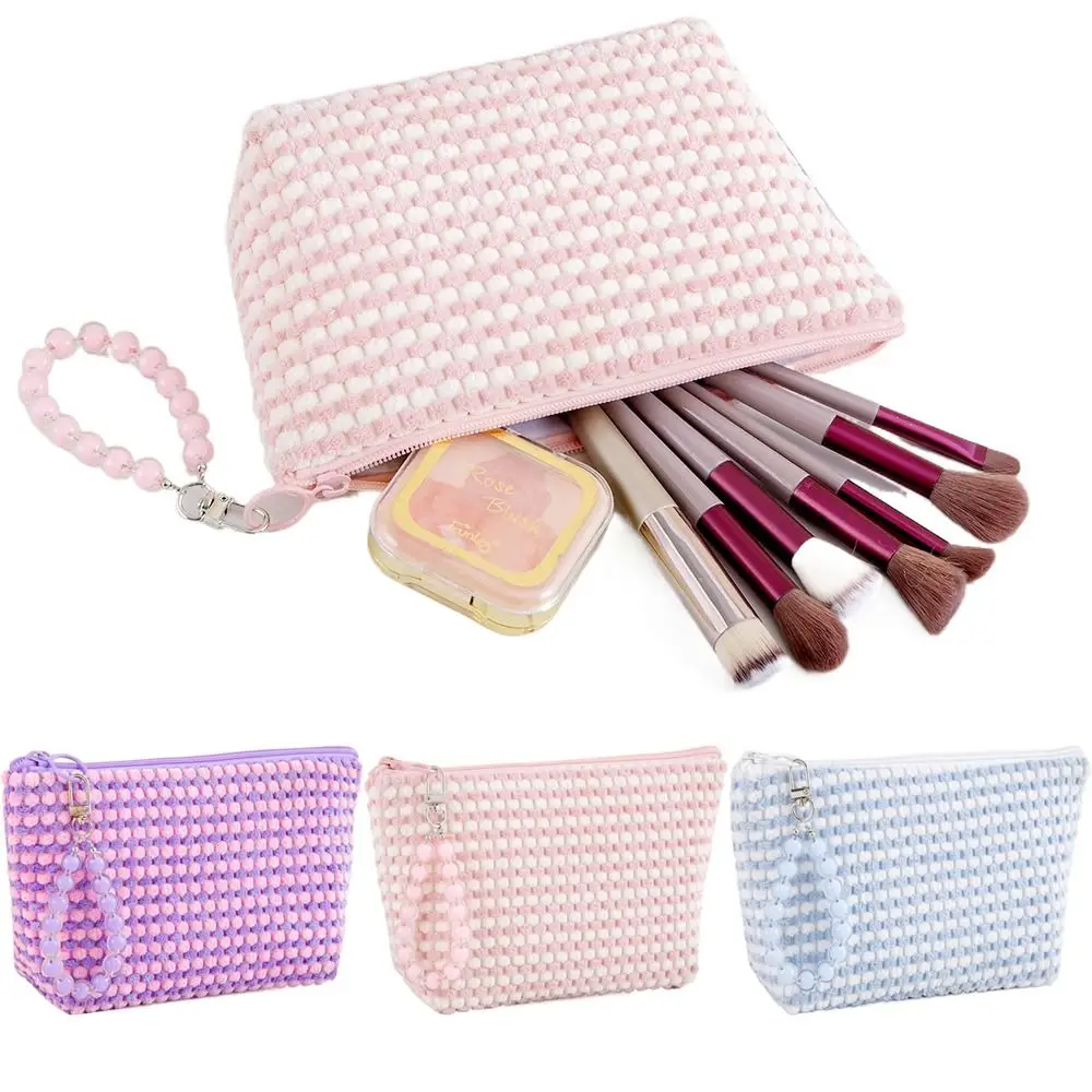 With Bead Bracelet Women Cosmetic Bag Plaid Portable Travel Makeup Organizer High Capacity Zipper Toiletries Storage Pouch Home