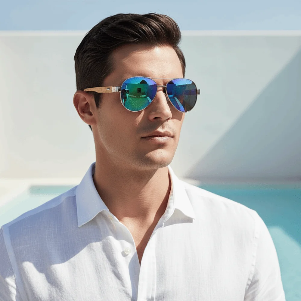 Bamboo Wood Temple Double Bridge Shades Metal Front Frame Mirrored Lens Big Frame Sunglasses Sturdy Hinge Gradient Tint