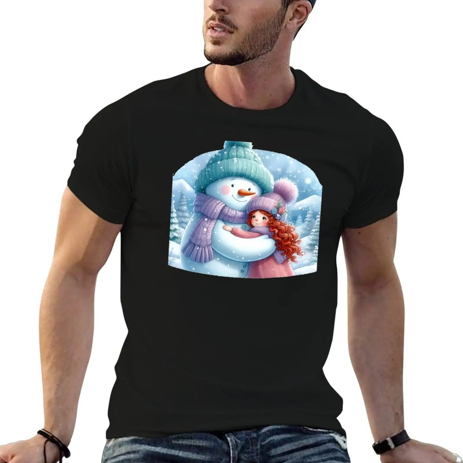 

Snowman hugging a Girl with Mountains in the Background T-Shirt t shirts for man slim fit anime t shirts oversize T-Shirt