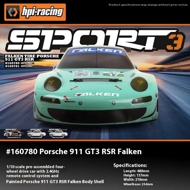 

New Hpi 1/10 Gt3 Rsr Flux Rc Remote Control Four-Wheel Drive Professional Electric Rv Racing Flat Sports Car 160780