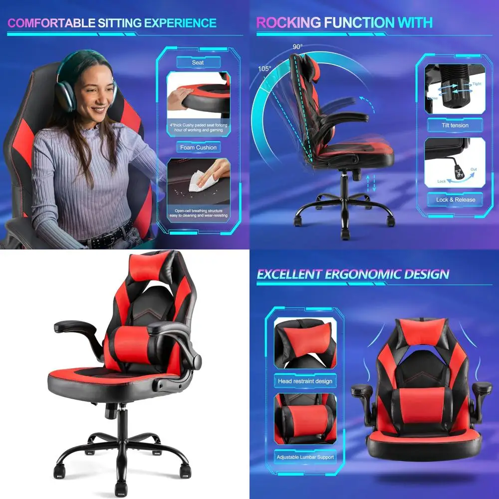

Red Ergonomic PU Leather Gaming Desk Chair with Adjustable Lumbar Support, Swivel Wheels, and Reclining Feature for Adults & Tee