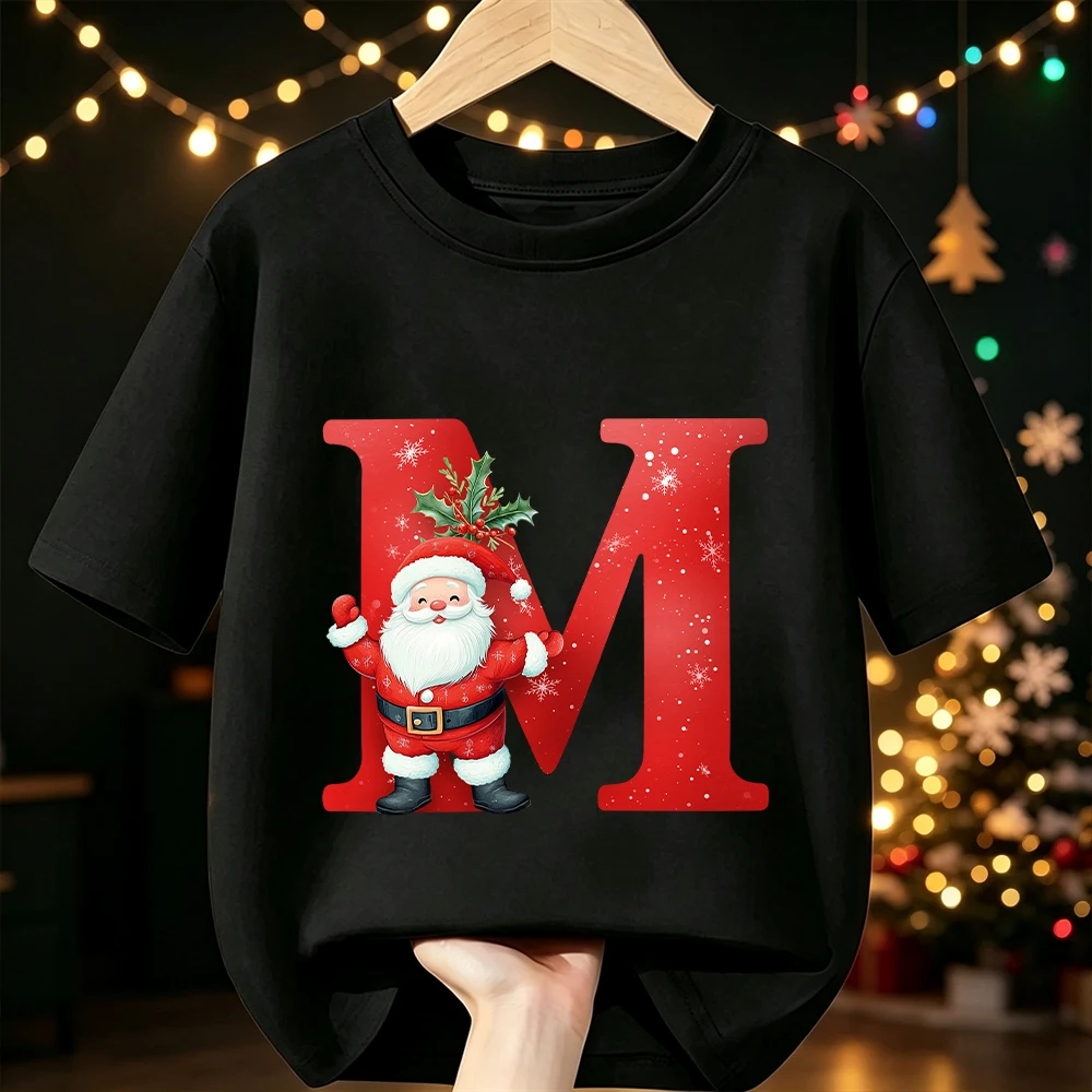 Christmas Santa Claus Xmas  A‑Z Alphabet Print Kids T‑Shirt Cotton Boys Girls Short Sleeve O‑Neck Xmas Holiday Party Tee Top
