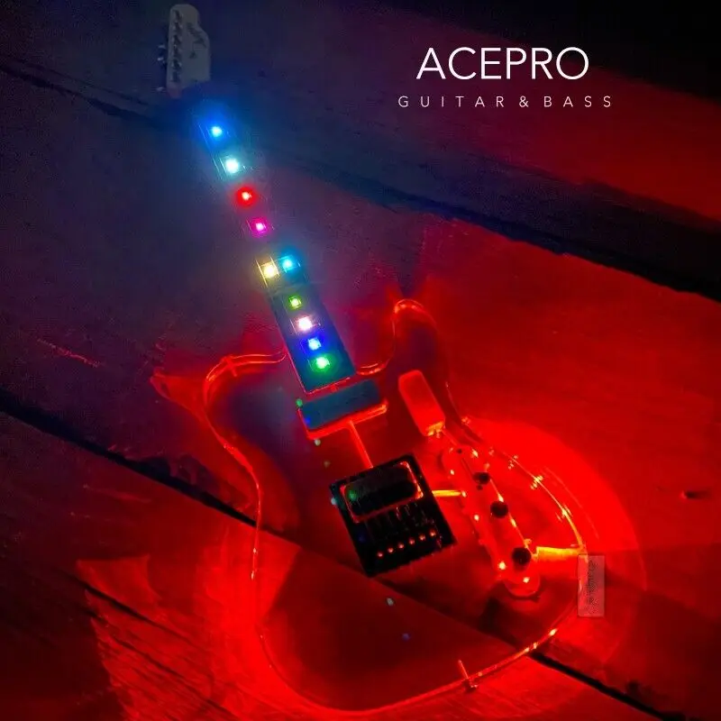 In Stock Acepro Acrylic Electric Guitar, Body 11 Way Swtich Multicolor LEDs Can Choose LED Lights Color, Fretboard Colorful LEDs