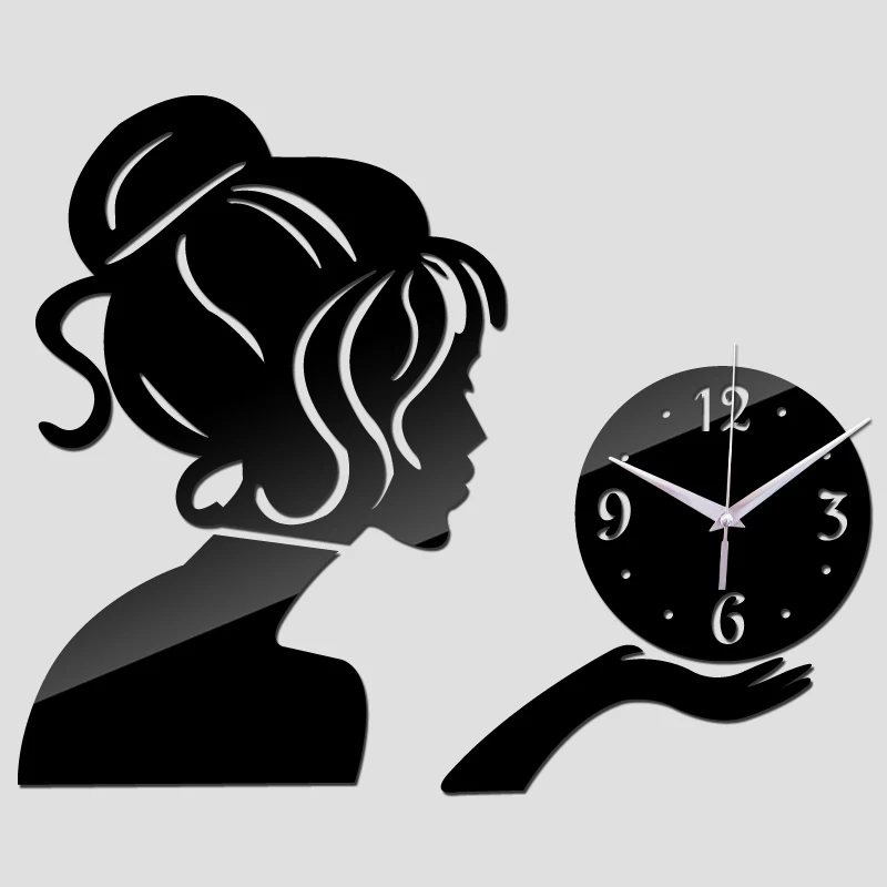 Beauty Lady Portrait Wall Clock Digital Quartz Watch Acrylic 3D Mirror Stickers Living Room Home Decor Beauty Salon Wall Decor