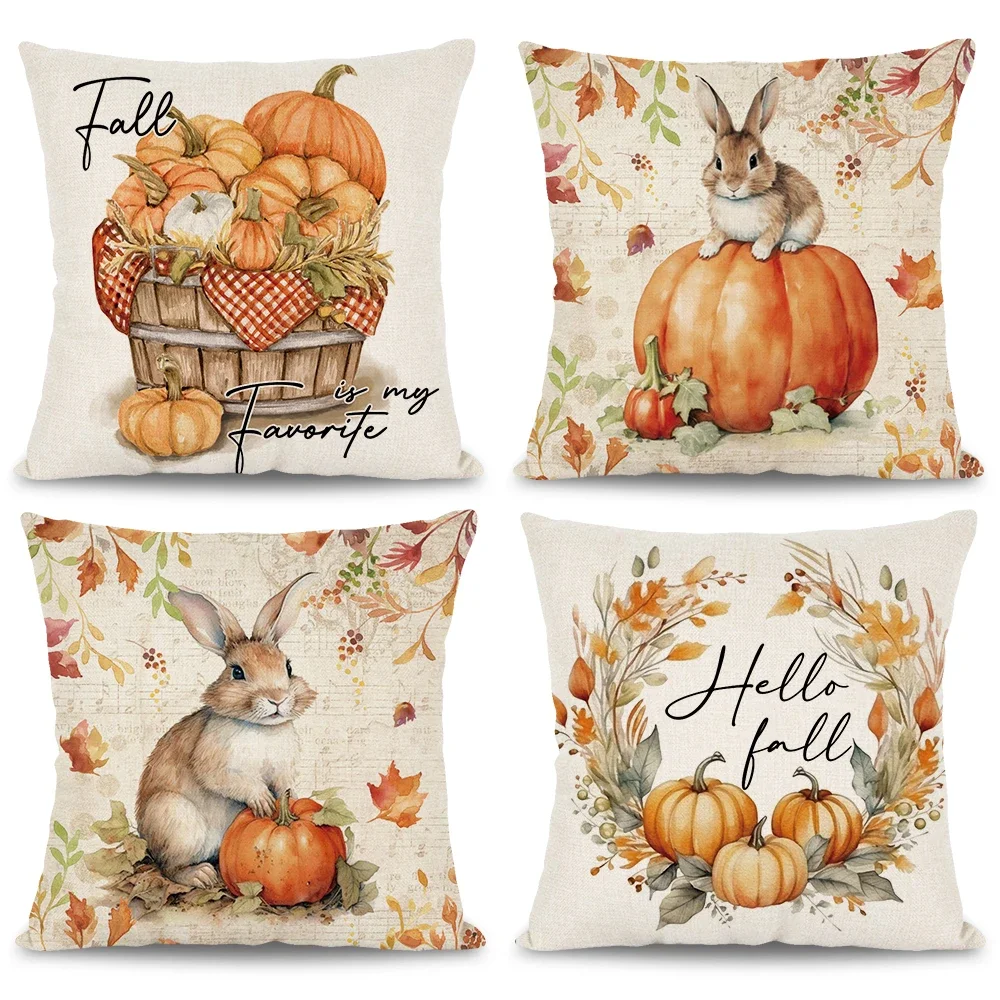 1pc/4pcs Happy Fall Pillowcover Fall Pumpkin Bunny Orange Design Cushion Cover Thanksgiving Party Autumn Decor Room Home Decor