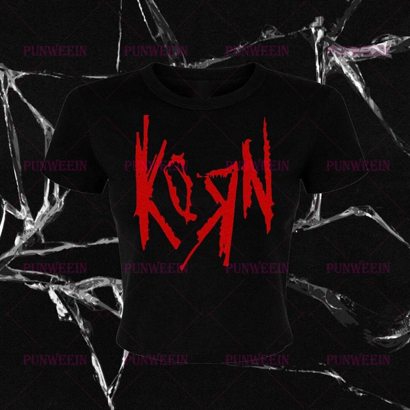 KORN Goth Grunge Crop Tops Rock Print Baby Tank Emo meisje Vintage Harajuku Punk brief Grafische Y2k Esthetiek Chic Zomer T-shirt