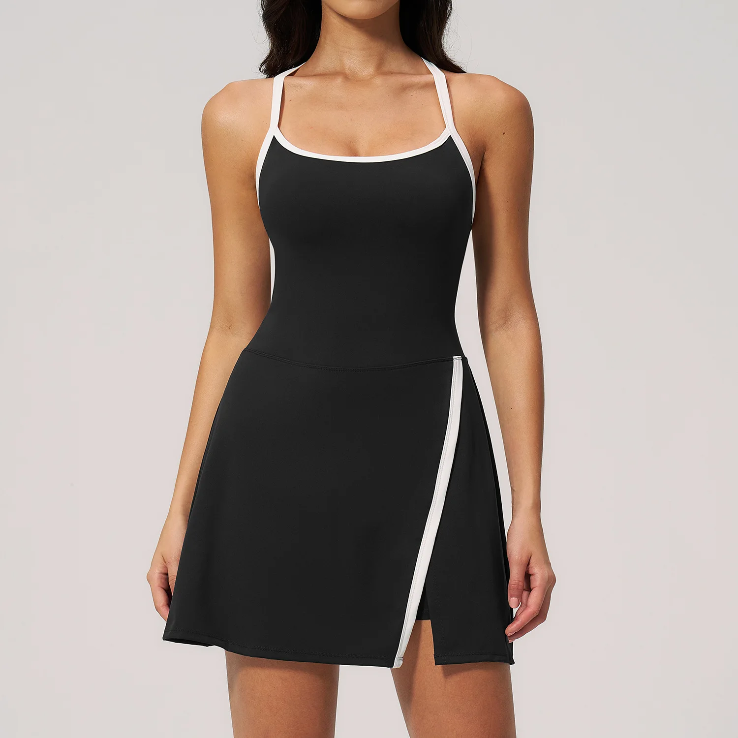 Backless Hollow Out Halter Tennis Dress Contrast Color Cloud Feeling Gym Build in Yoga Dress Split Workout Fitness Golf Dress