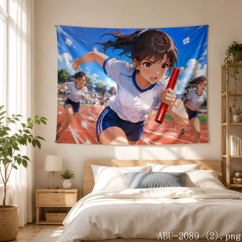 VIKAMA Sport Runner Anime Girl Tapestry Track Relay Sunny Stadium Wall Hanging Energetic Teen Bedroom Dorm Aesthetic Decor Cloth