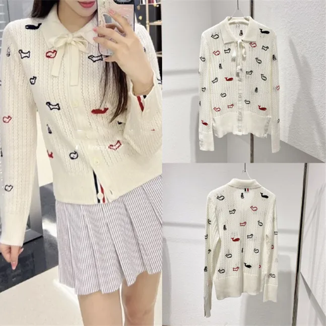 

Ele Woolen Knitted Cardigan Long Sve Turn-down Collar Women's Sle Cute Knot College Sle Animal Embroidery
