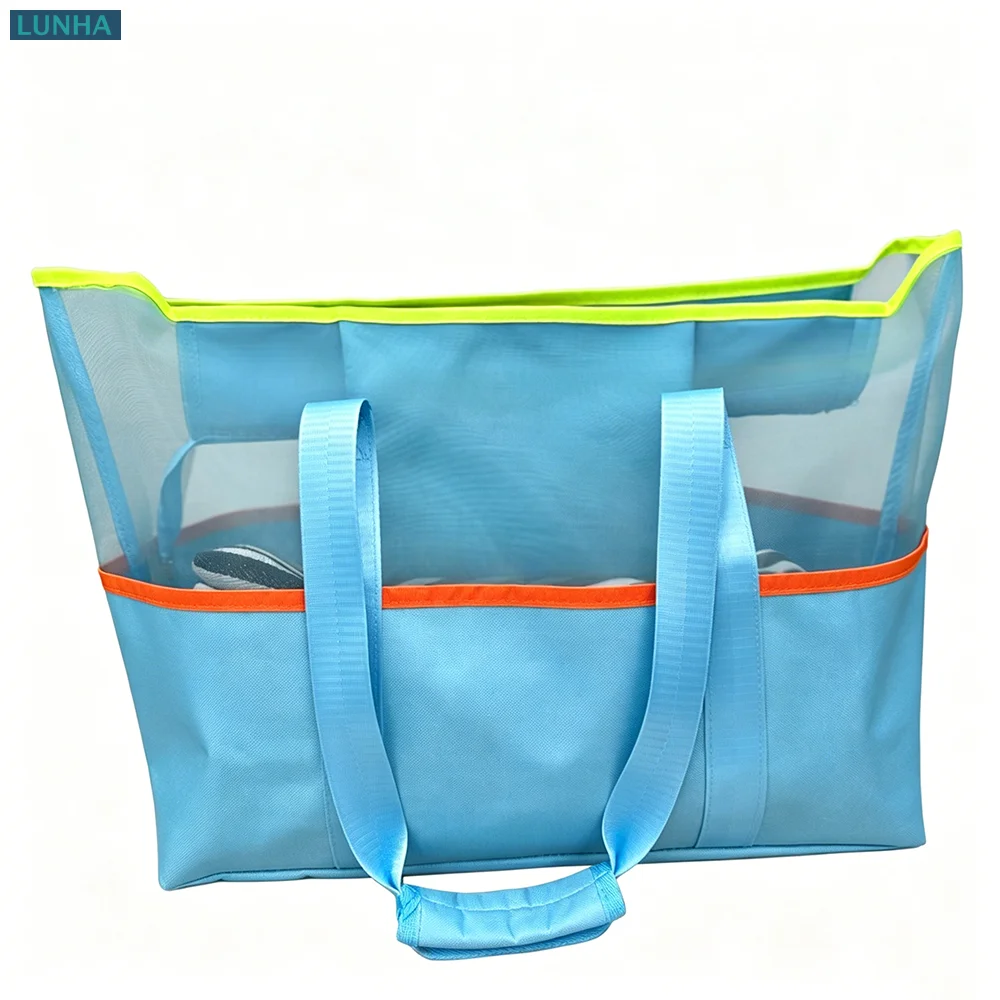 Large Mesh Beach Tote Bag - Waterproof Lined Breathable Swim Pool Tote Bag with Top Zipper & Internal Pockets for Gym Travel