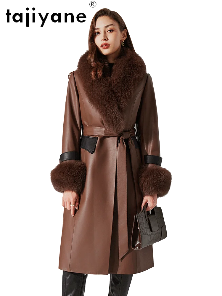 Tajiyane echte Schaffell echte Lederjacke Frauen Winter lange weiße Gänse daunen Mäntel weibliche große Fuchs Pelz kragen eleganten Gürtel