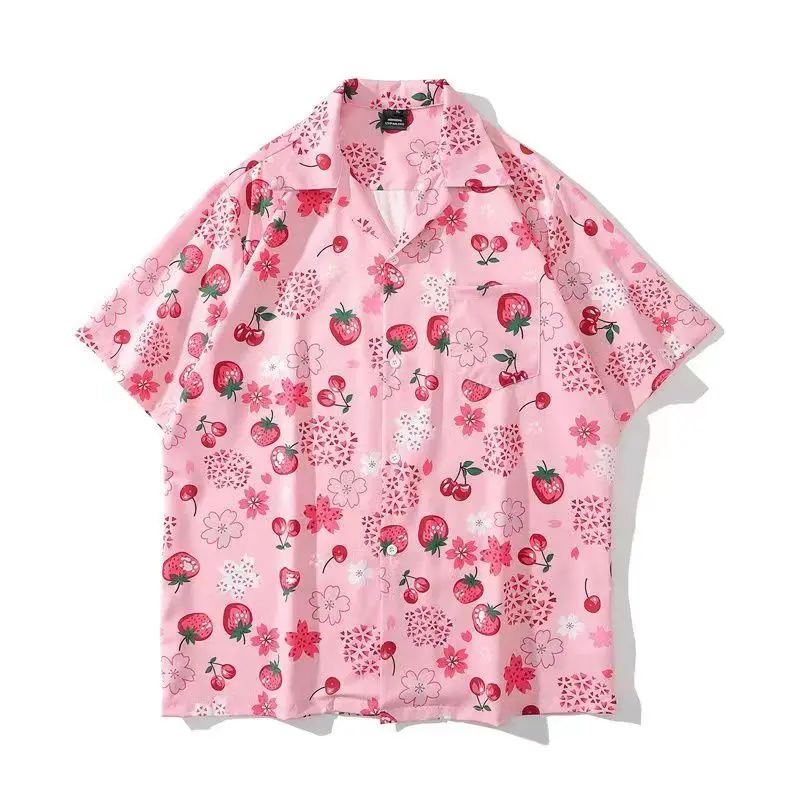 Japanese Beach Fruit Cherry Strawberry Full Printed Button Up Shirt Womenblouse Short Sleeve Casual Hawaiian Shirts Summer 2023