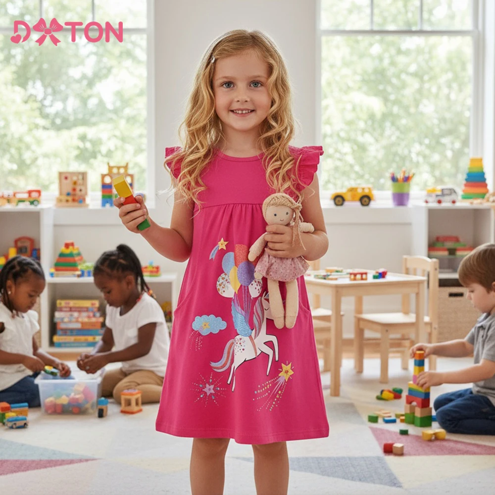 

DXTON Cotton Baby Girls Dress Cartoon Balloon Printed Children Clothing with Pocket Summer Sleeveless Kids Toddler Daily Dress