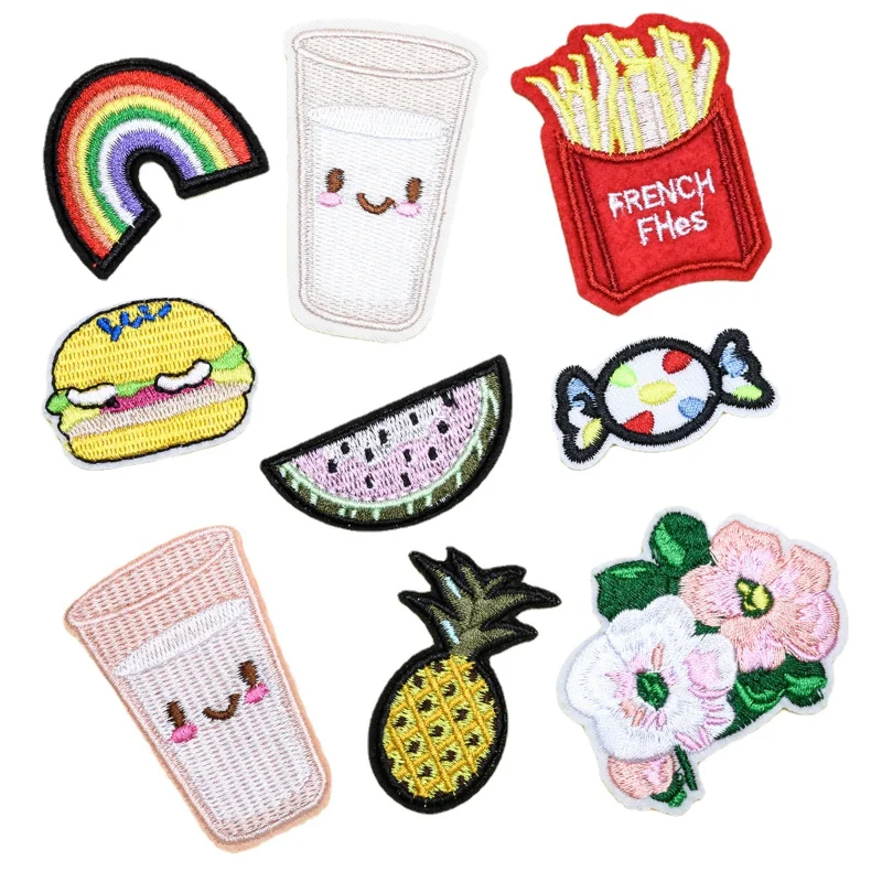 50pcs/Lot Luxury Embroidery Patch Chip Milk Rainbow Burger Watermelon Pineapple Flower Clothing Decoration Accessory Applique