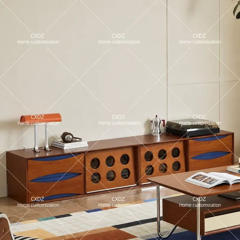Retro Solid Wood TV Cabinet Living Room Storage Floor Cabinet Medieval Style Modular Chest Unit Integrated Media Console
