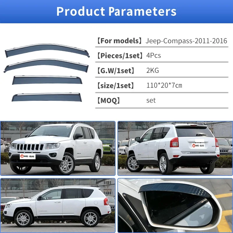 Door Visor For Jeep Compass 2007-2016 Window Visor Vent Ventvisor Wind Deflectors Visors Rain Guard Shades Visor