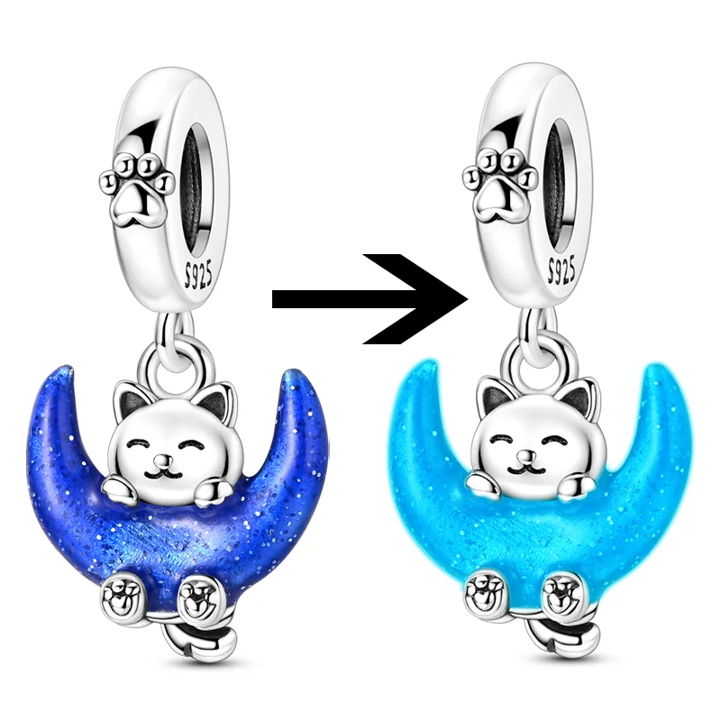 

925 Sterling Silver Charms Bead Luminous Cat Moon Dangle Fit Original Bracelet DIY Women Jewelry