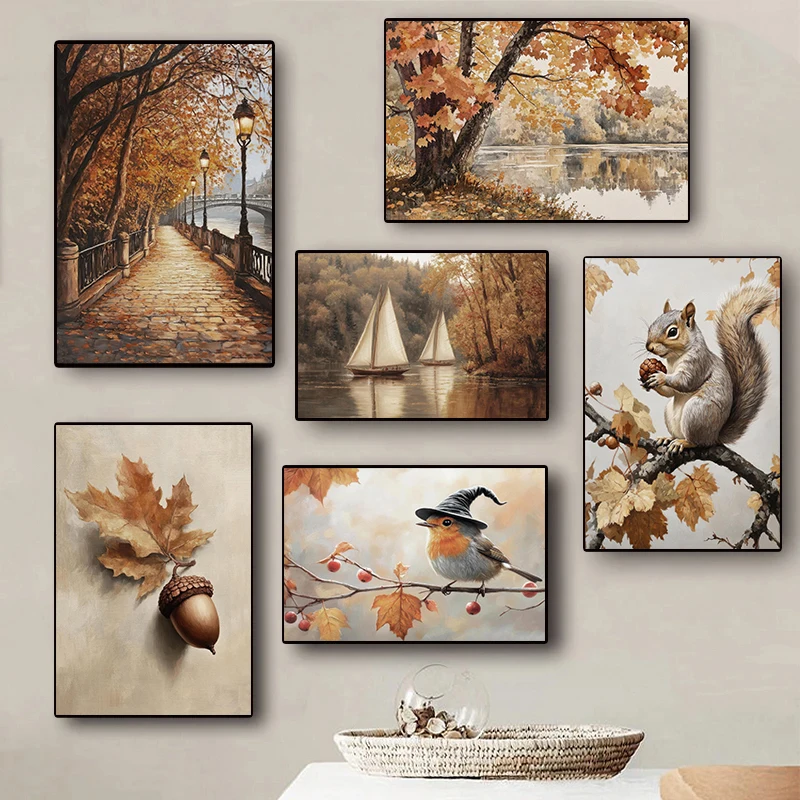 Autumn Urban Forest Deciduous Pumpkin Wildflower Pastoral Scenery Retro Poster Canvas Paintings Wall Art Pictures Home Decor