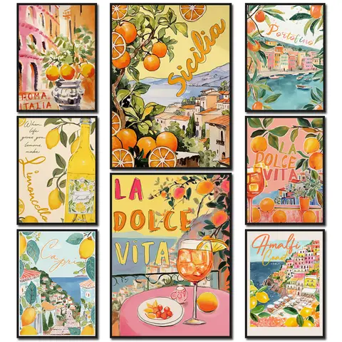 La Dolce Vita Lemon Posters and Prints Retro Spritz Canvas Painting Santorini Italy Travel Wall Art Poster Living Room Decor