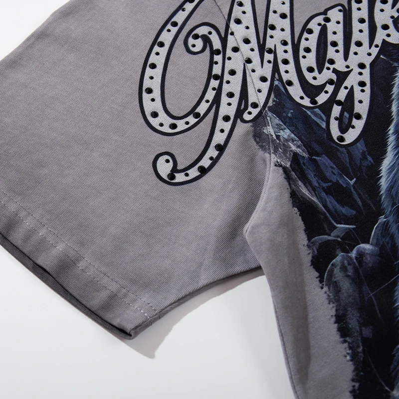 Panther-Schädel Tierdruck T-Shirt für Herren Vintage Gewaschenes Strass-Oberteil Übergroßes T-Shirt Streetwear Baumwolle Rundhals-Kleidung Sommer – Detail 12