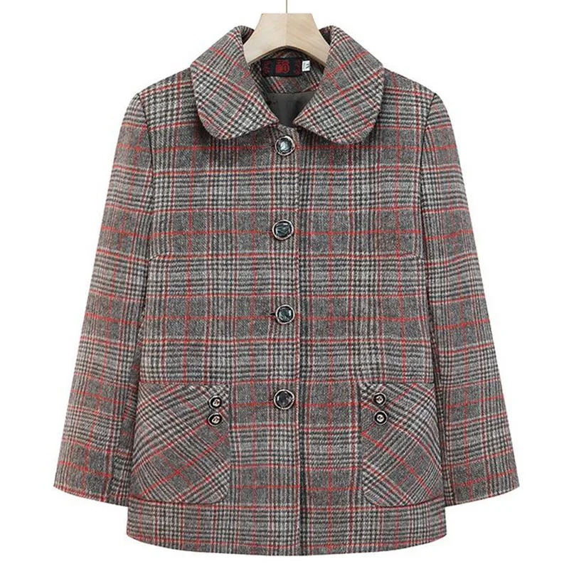 

2023New Spring Autumn Plaid Woolen Jacket Women Fashion Korean Mid-Aged Single-Breasted Coat Female Casual Outerwear Ladies Tops