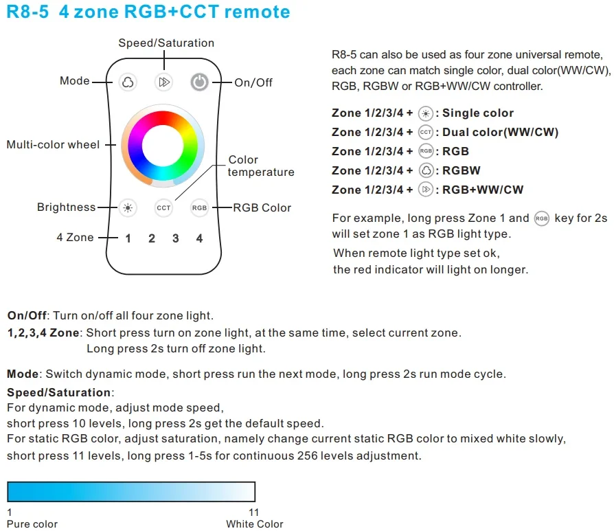 Led RGBCCT Strip Controller 2.4G RF Remote Wireless 4A 5 Channel Output DC12V-24V 4 Zones RGB CCT String Ribbon Control Use