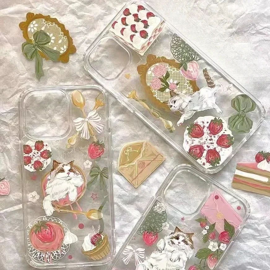 Korean Painted Cat Strawberry Cake Rose Envelope Phone Case For iPhone 14 Pro Max 11 12 13 Pro XS XR 7 8 Plus Transparent Cover