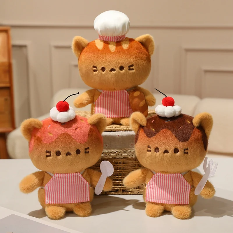 Cute Chef Cat Plush Toy Soft Kawaii Dessert Kitten Stuffed Doll with Cherry Cake Decor, Cartoon Animal Plushie Gift for Kids