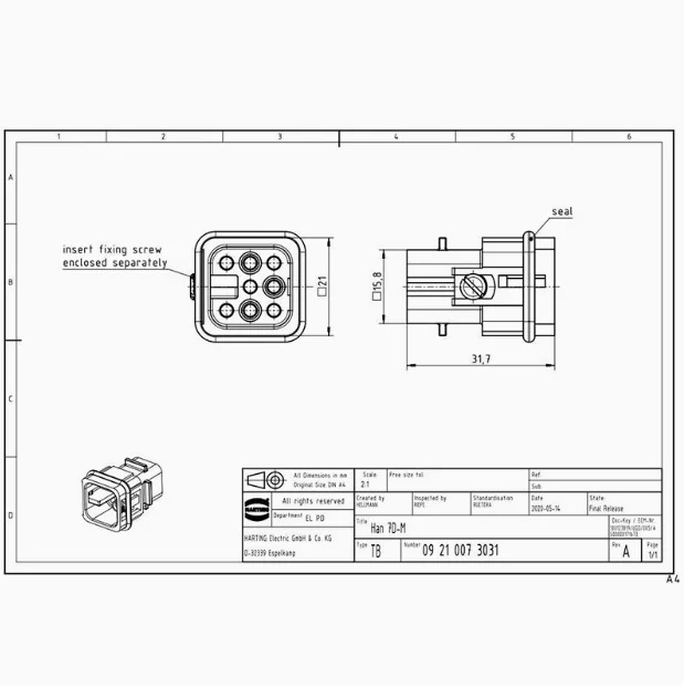 1 peça 09210073031 Alemanha HARDING Conector resistente 7 pinos macho HAN 7D-M