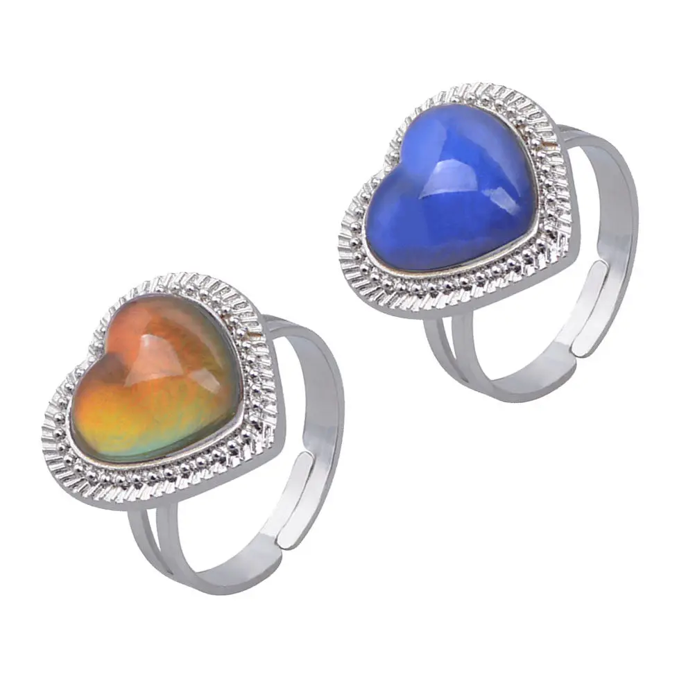 2Pcs Mood Rings Heart Style Color Shift Adjustable Finger Rings Alloy Acrylic for Women Girls Birthday Valentine Gift