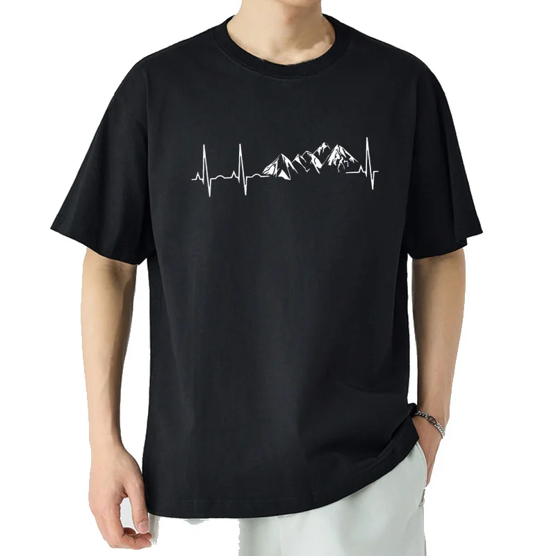 Men's T-shirt Novelty Mountain Heartbeat Pulse Line Tees Climbing Hiking Graphic Y2k Tops Casual Short Sleeve Oversized Clothing