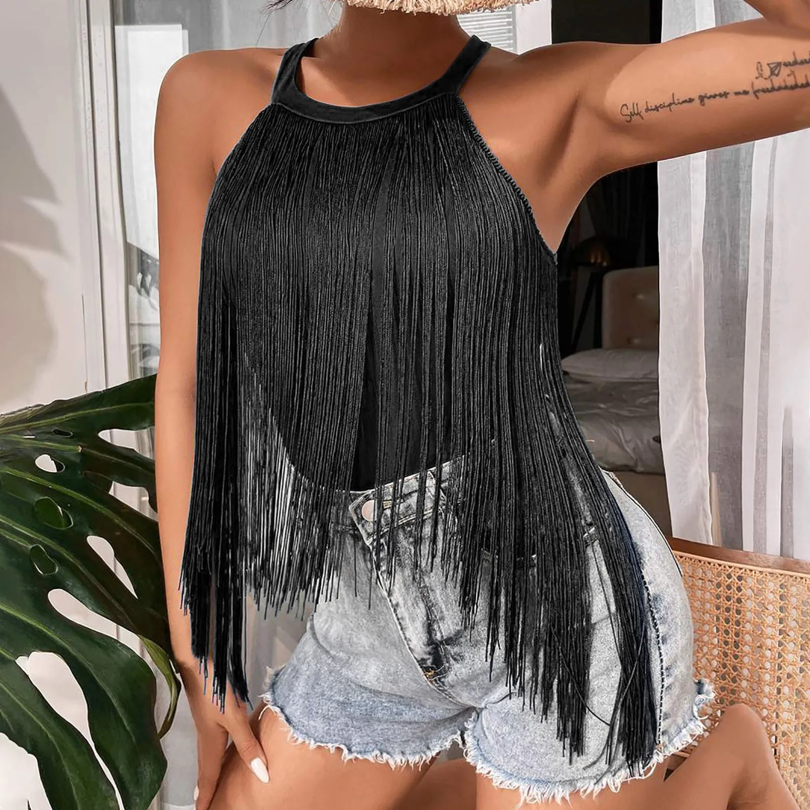 

Women's Novelty Suspendertop Party Tops For Women Hanging Neck Sequin / Fringe Suspender Vest Sequin Clothes Fringed Top