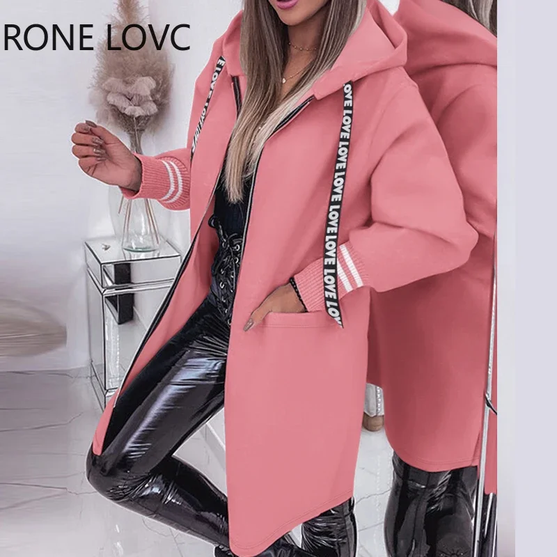 Women Hooded Letter Pattern Tape Pocket Long Sleeves Long Straight Casual Autumn Jacket Tops
