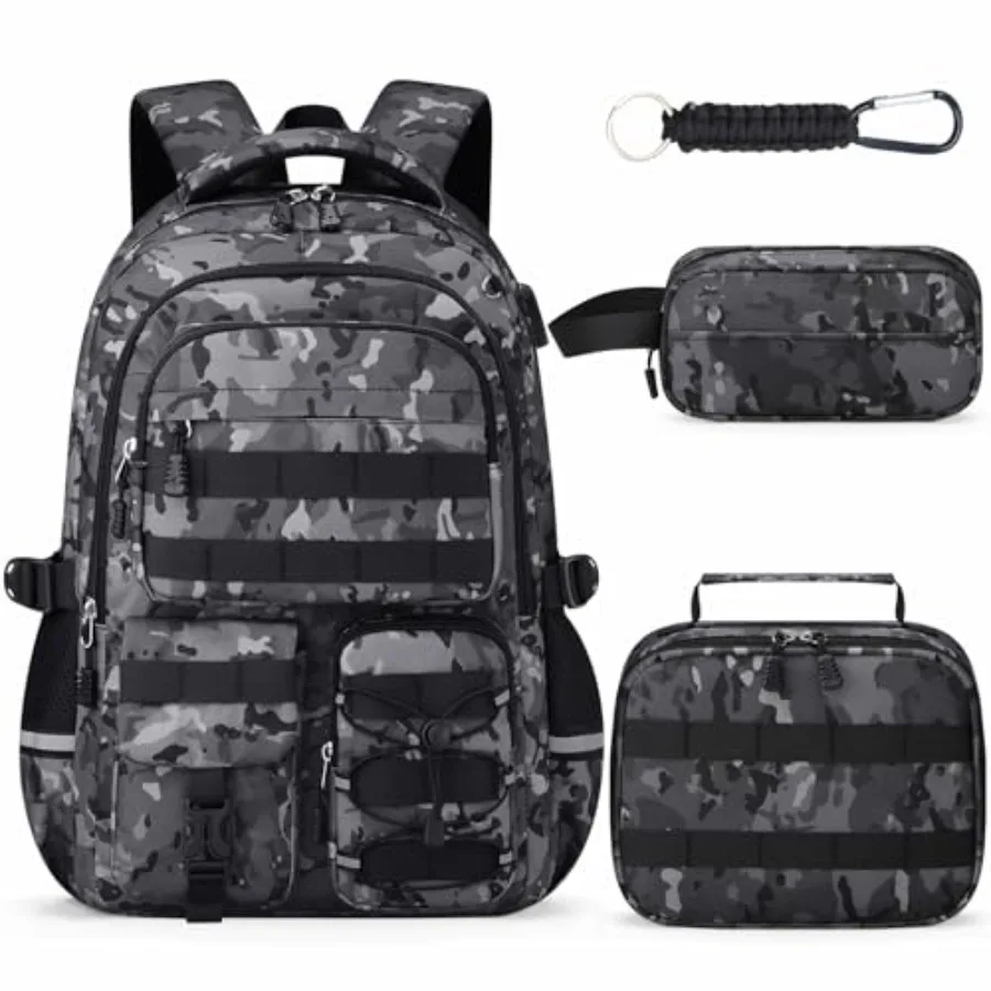 

School Backpack for Boys - 4pcs Camo Boys Backpack with Lunch Box Set for Teens Elementary Middle High School - 18" Camouflag S