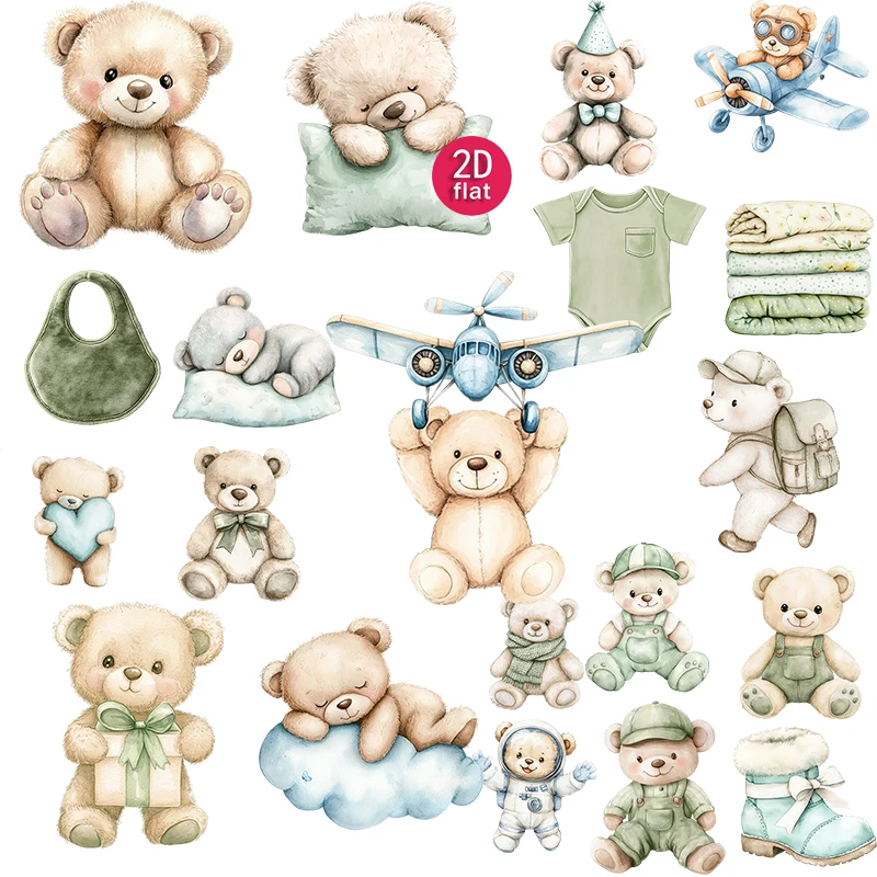 20pcs 2D flat, Cute Cartoon Teddy Bear Stickers, Watercolor Style Animal Decals, Suitable for diaries and DIY scrapbook stickers