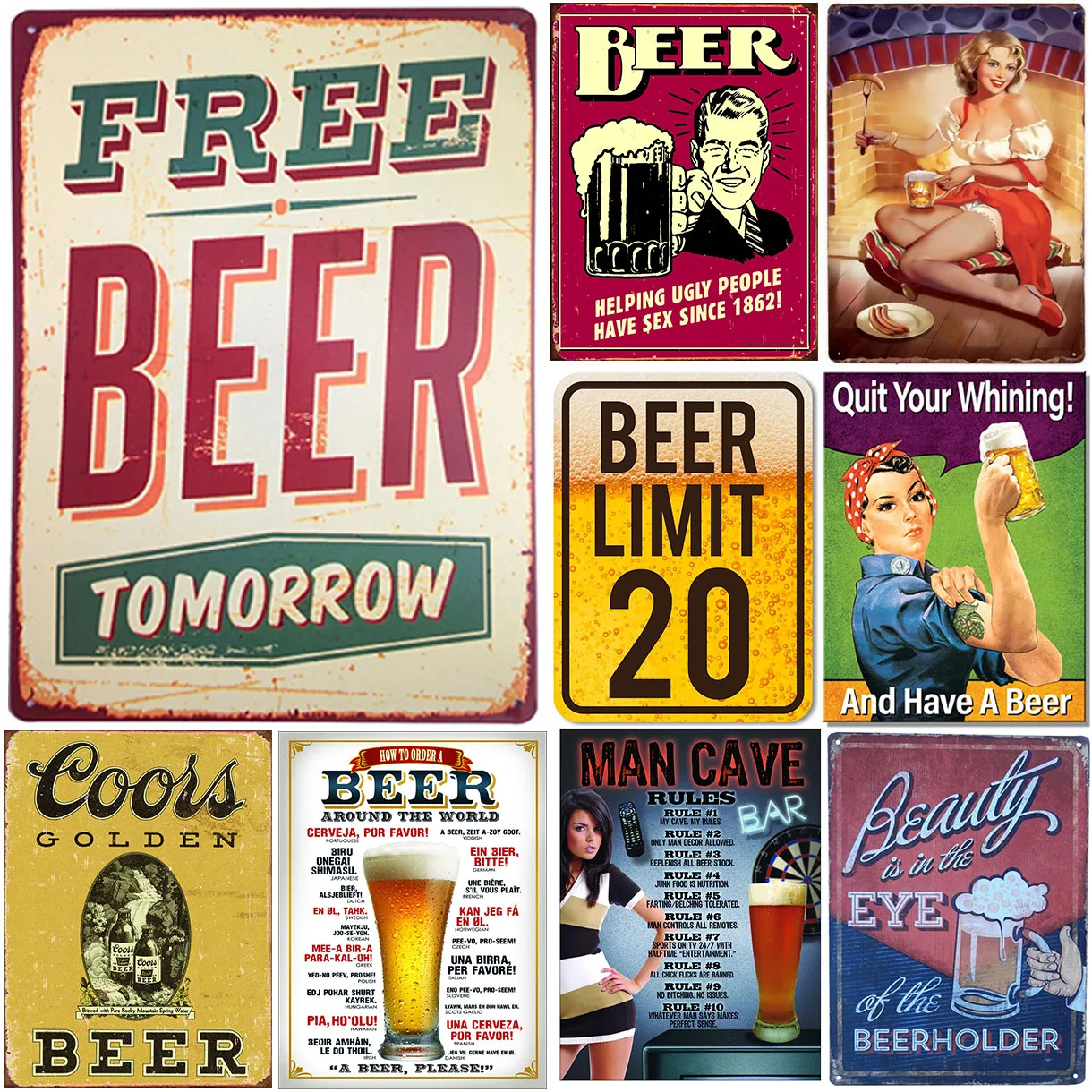 Metal Tin Signs Plaque Free Beer Tomorrow Wall Decoration Vintage Posters Iron Painting for Man Cave Home Cafe Garden Club Bar