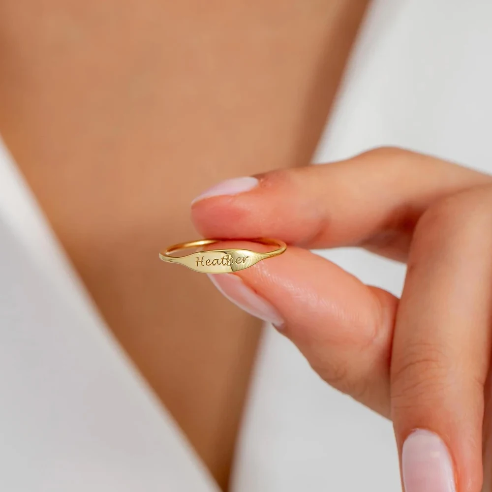 COOLTIME Dainty Engraved Name Stainless Steel Ring for Women Gold Color Personalized Minimalist Anniversary Couple Rings Gift