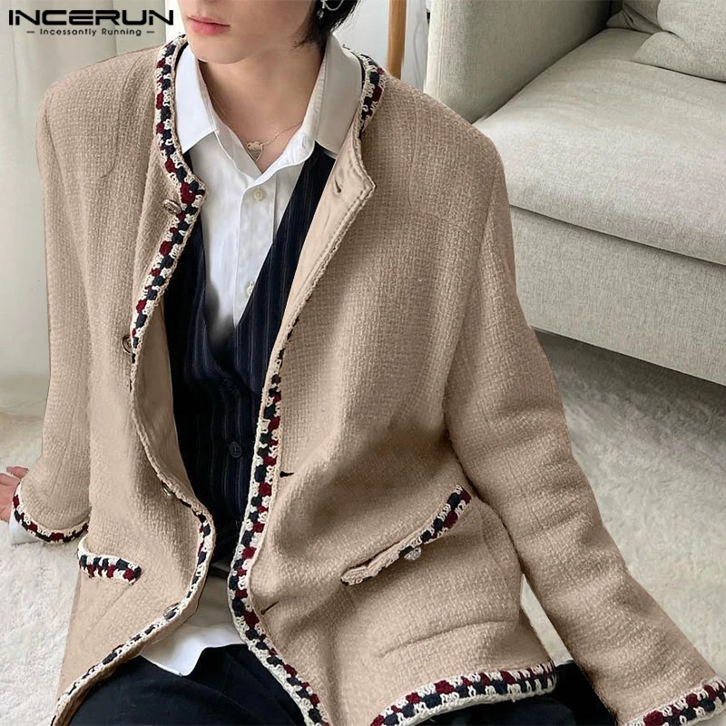 

INCERUN Men Jackets Patchwork O-neck Long Sleeve Streetwear Casual Male Cardigan Coats Streetwear Autumn Fashion Jackets S-5XL