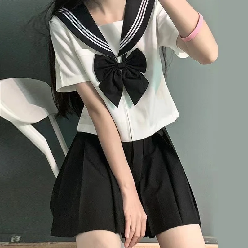 

Basic JK Black Collar White Lines School Uniform Girl Sailor Suits Pleated Skirt Japanese Style Clothes Anime COS Costumes Women