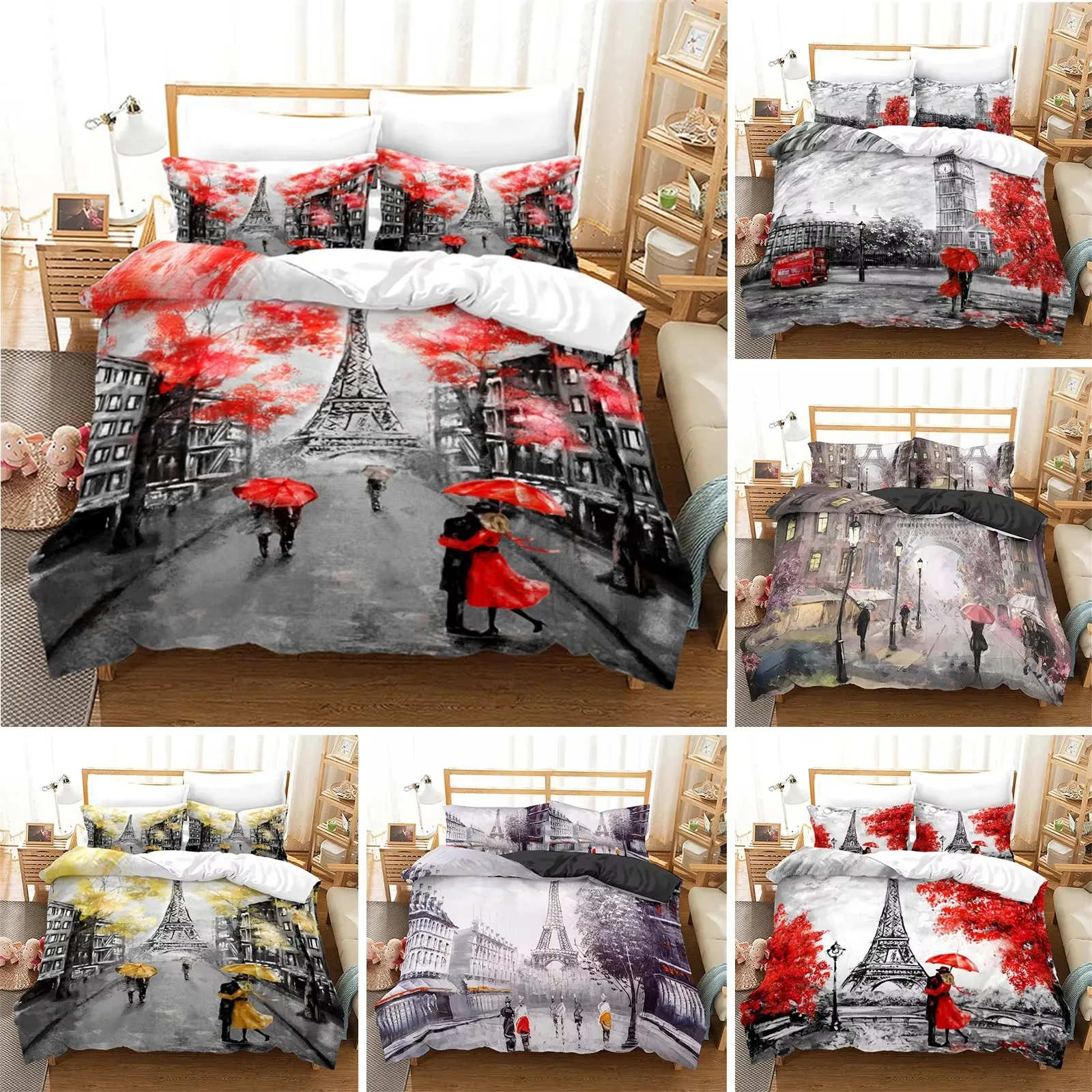 

Eiffel Tower Duvet Cover Romantic Couple Flower King Comforter Cover Microfiber France Paris Cityscape Bedding Set For Girl Teen