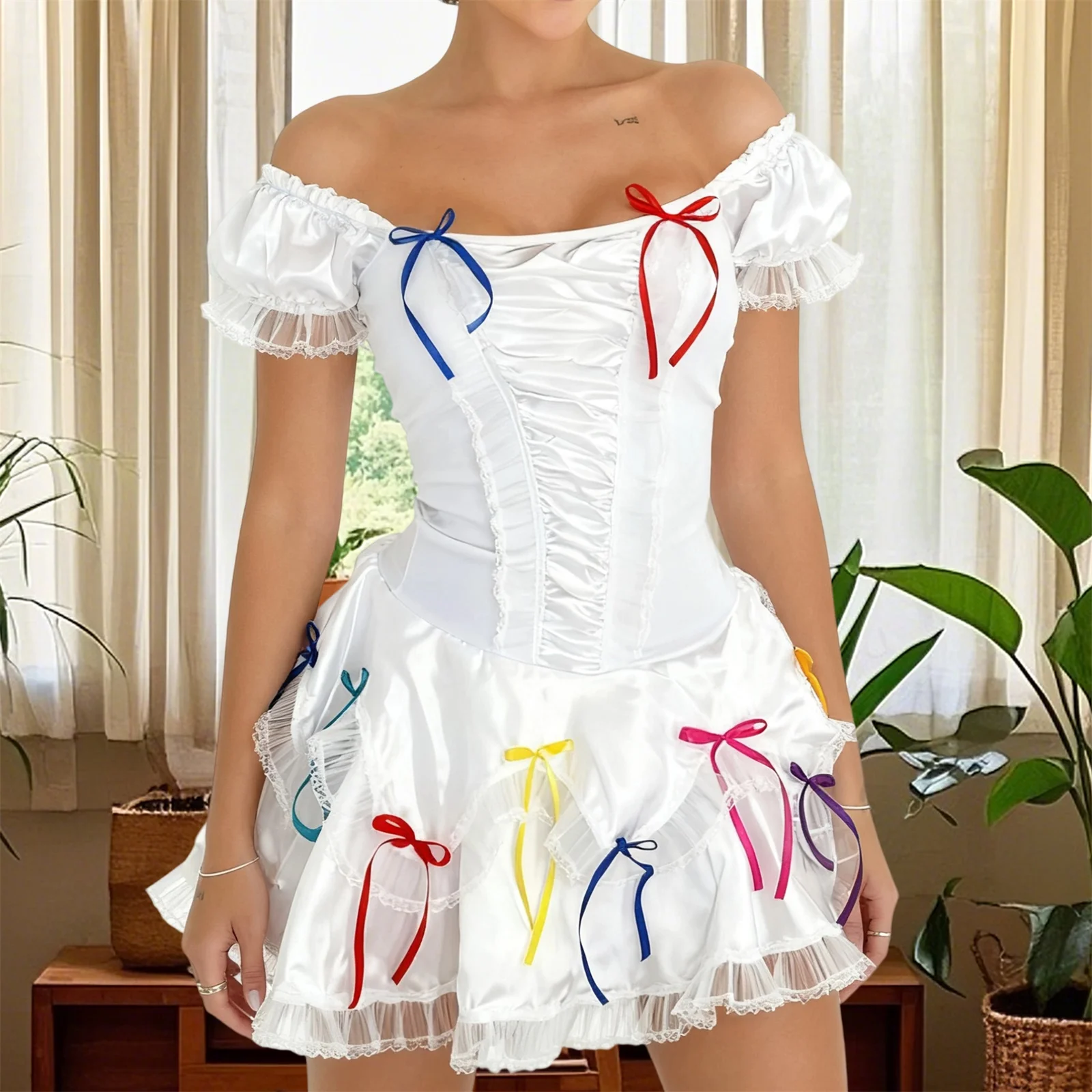 فستان نسائي بدون أكتاف لعيد الميلاد بأكمام قصيرة مزين بكشكشة مع أقواس ملونة للحفلات التنكرية في النادي