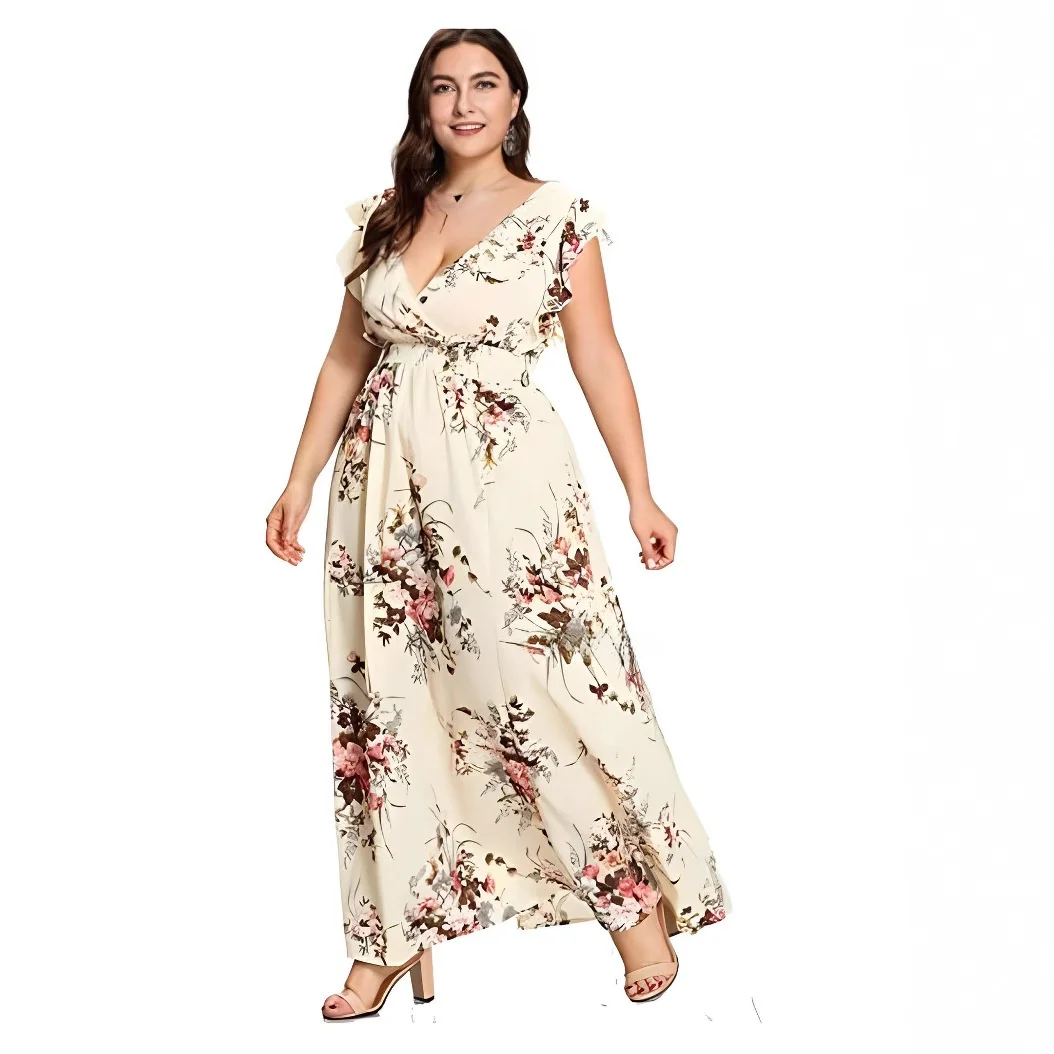 Nowa sukienka maxi damska z elastyczną talią, nadrukiem, plisowanymi rękawami, nowoczesnym dekoltem w serek, idealna na lato 2025.