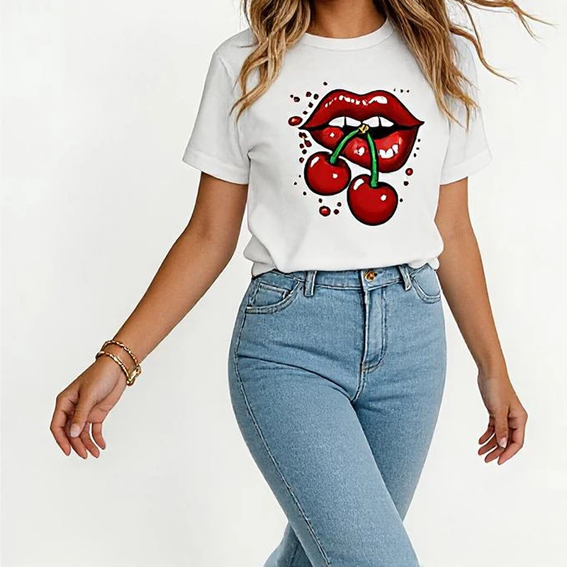 Women's Trendy and Creative Cherry Lips Design Print T-shirt 90s Y2K Crew Neck Short Sleeve Tops Tshirt Casual T Shirt Clothes view 2