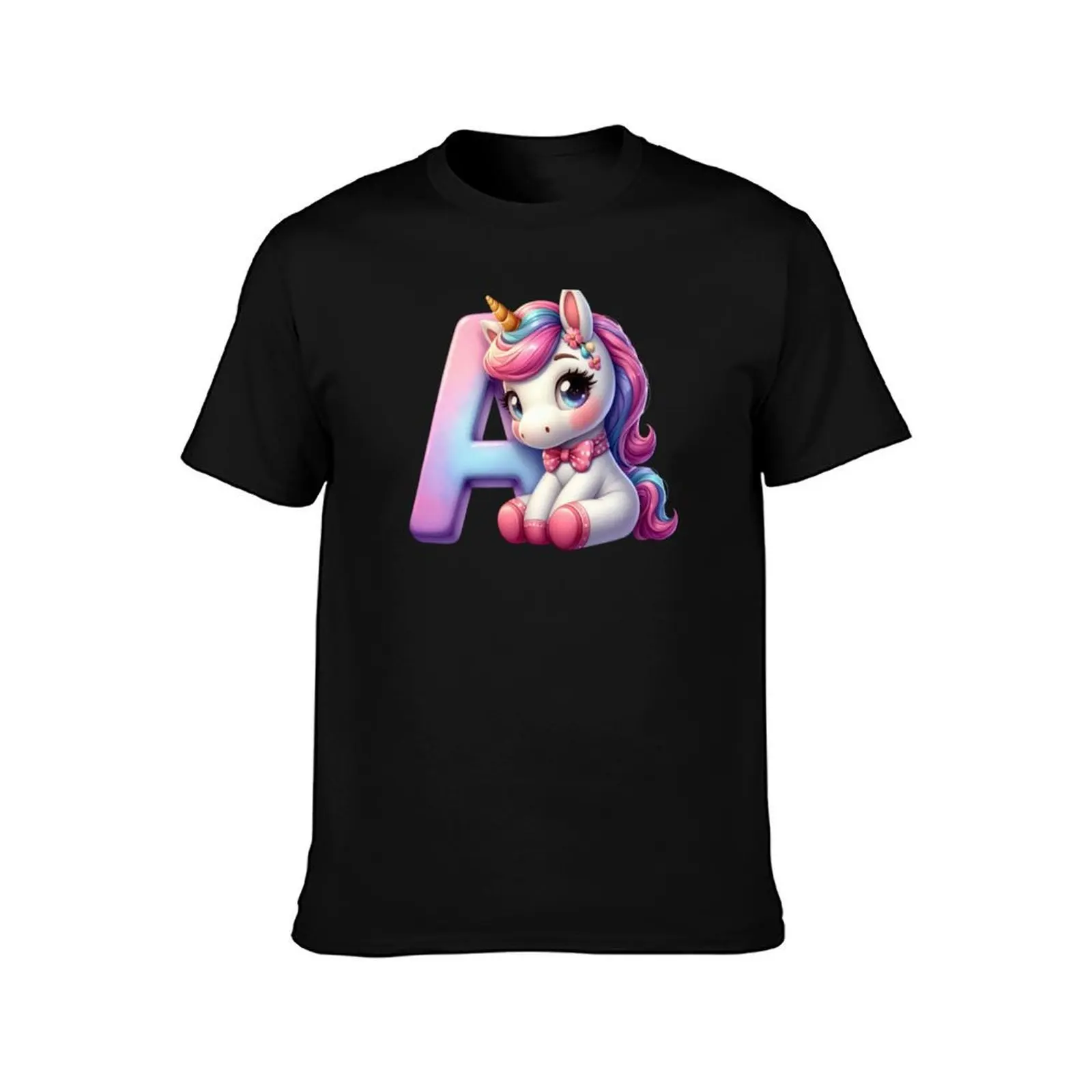 Unicorn kawaii alphabet monogram letter A T-Shirt Summer Casual Cotton Tee Oversized Streetwear Tops Vintage Graphic Print
