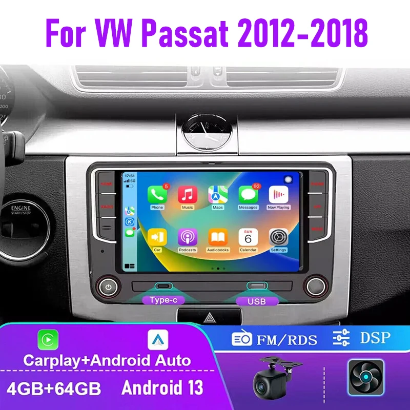 

7'' 4+64GB For VW Passat 2012-2018 Car Head Unit Radio Stereo Apple CarPlay Android Auto Intelligent System Multimedia GPS WIFI